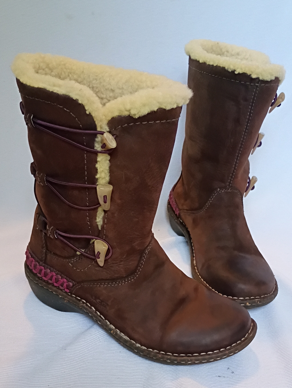 UGG Brown Leather Shearling-Lined Mid-Calf Boots with Purple Accents
